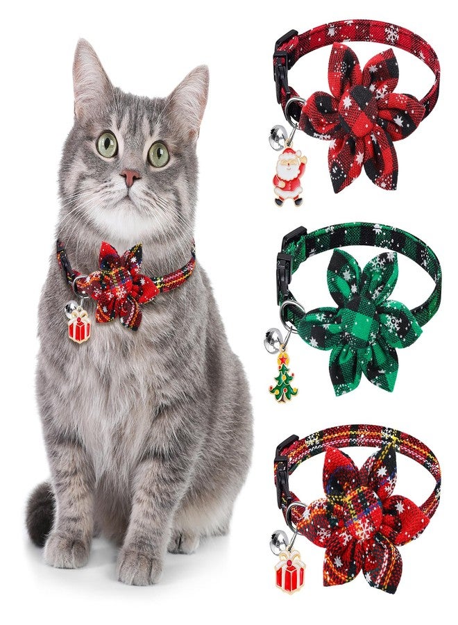 Vellibring 3 Pack Cat Collars, Christmas Flower Kitten Collars with Adjustable Breakaway Bow Tie Bell Plaid Snowflake Xmas Pet Supplies for Cats - Image 1